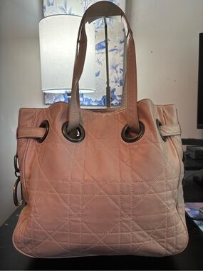 Authentic Dior Cannage Quilted Leather Drawstring Bucket Tote Bag Vintage- Pink